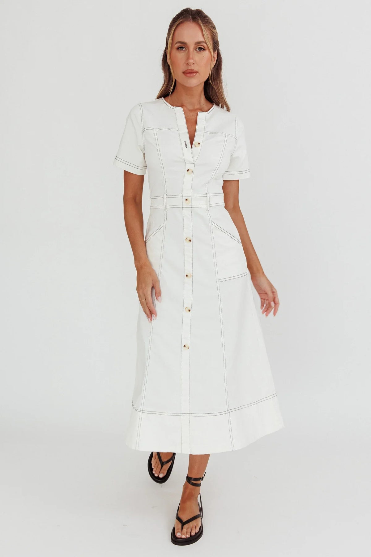 Aspen Love Front Pocket Midi Dress White