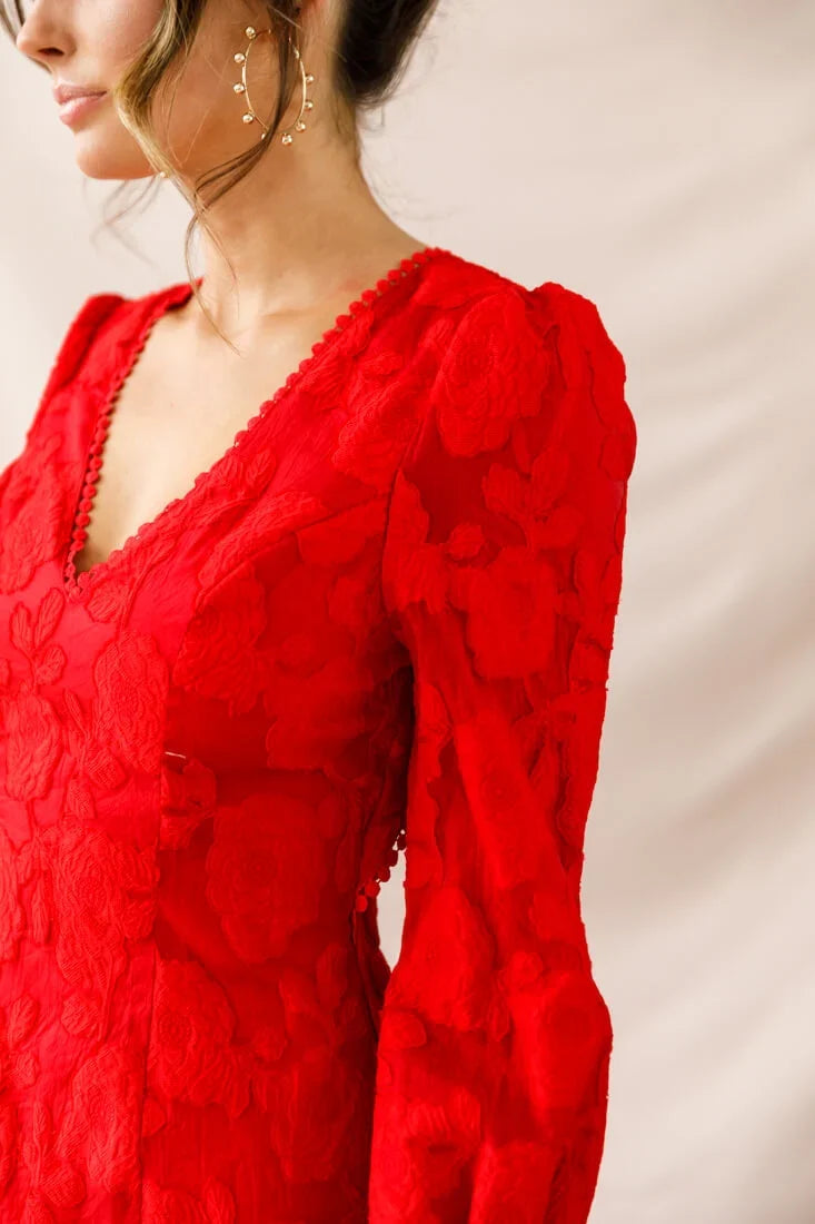 Camellia Open Back Cuff Sleeve Dress Red