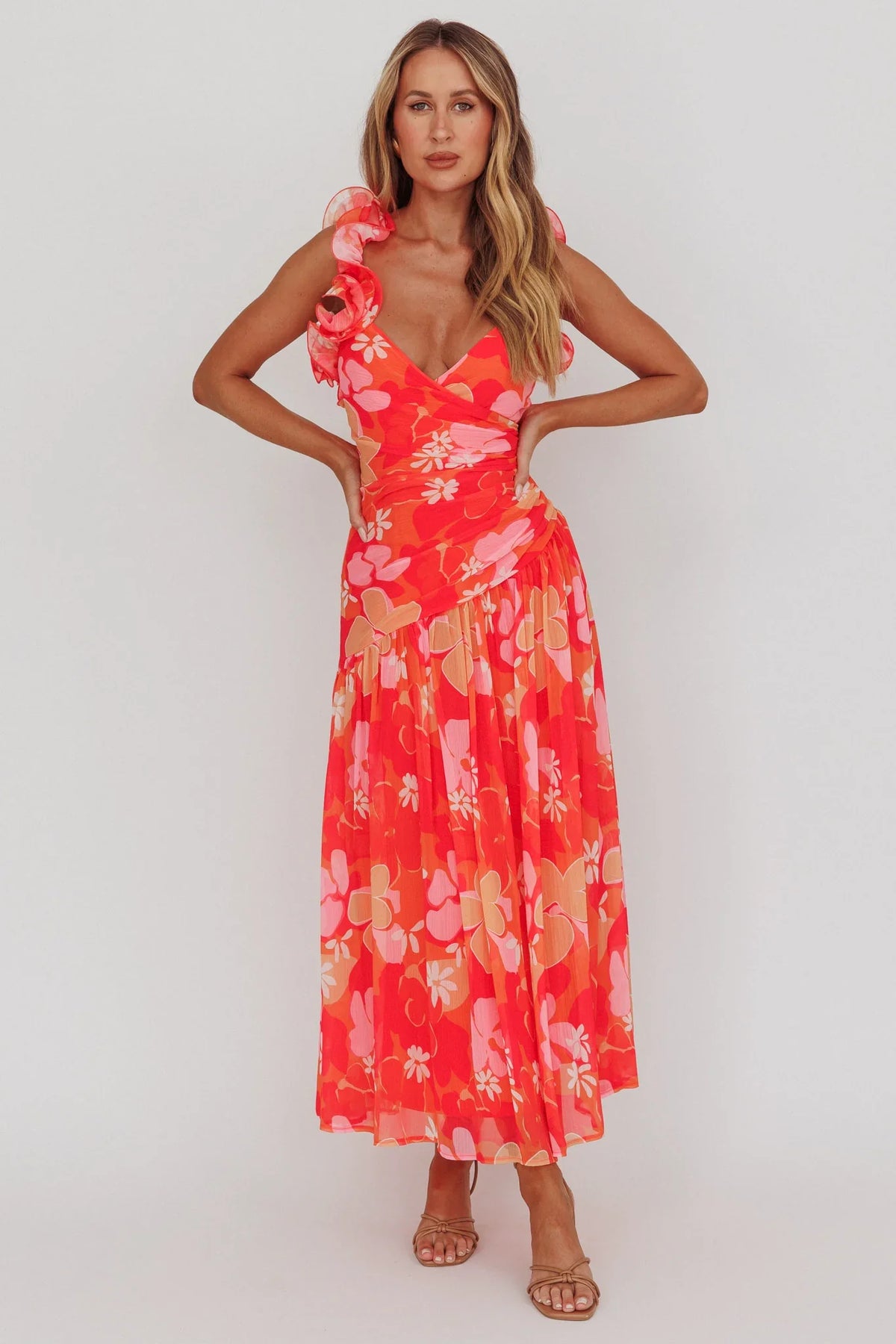 Kinley Ruffle Strap Maxi Dress Floral Orange