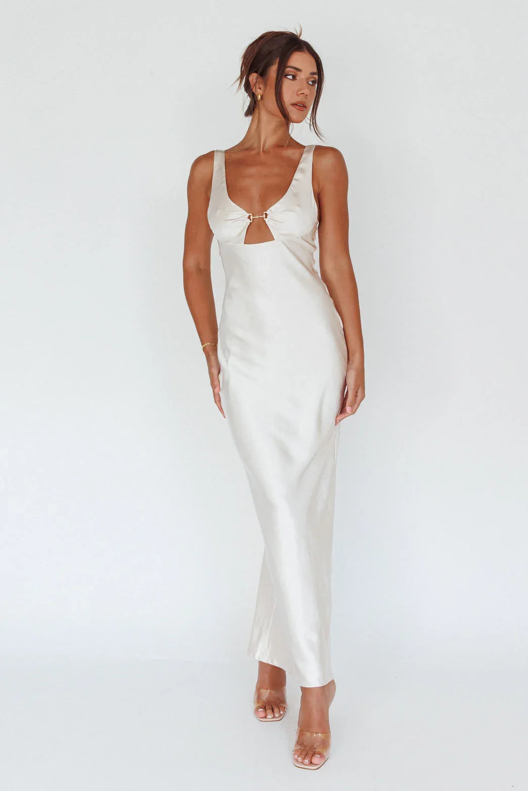 Blushing Beauty Horsebit Accent Maxi Dress Champagne
