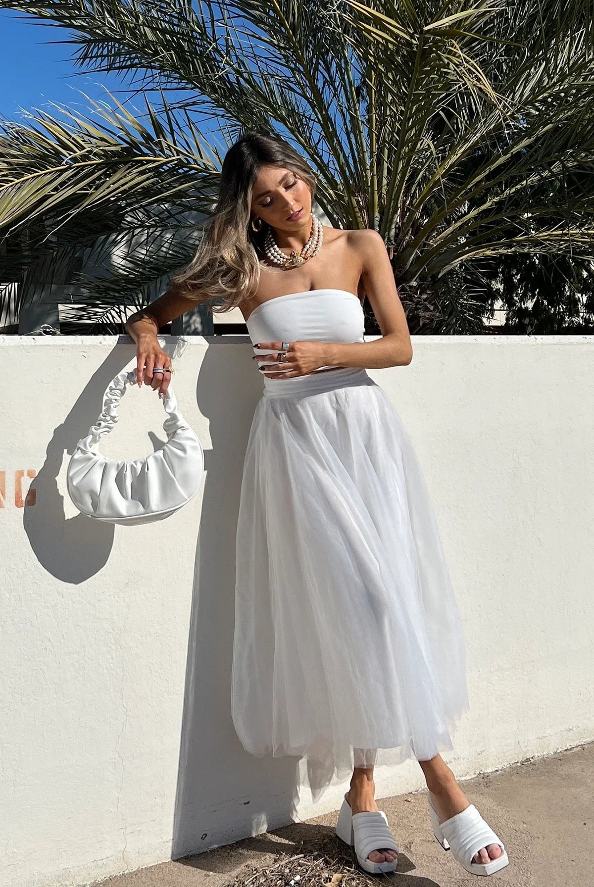 Jasmine Organza Mesh Elasticated Waist Midi Skirt White