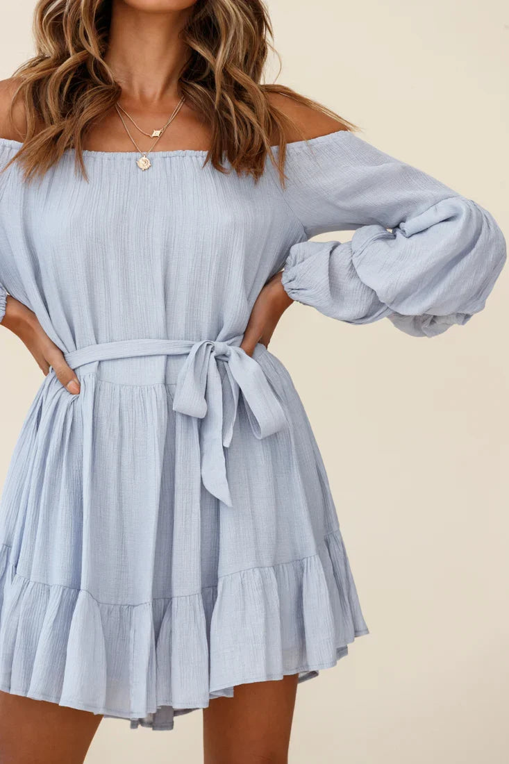 Frida Off-Shoulder Waist Tie Dress Grey