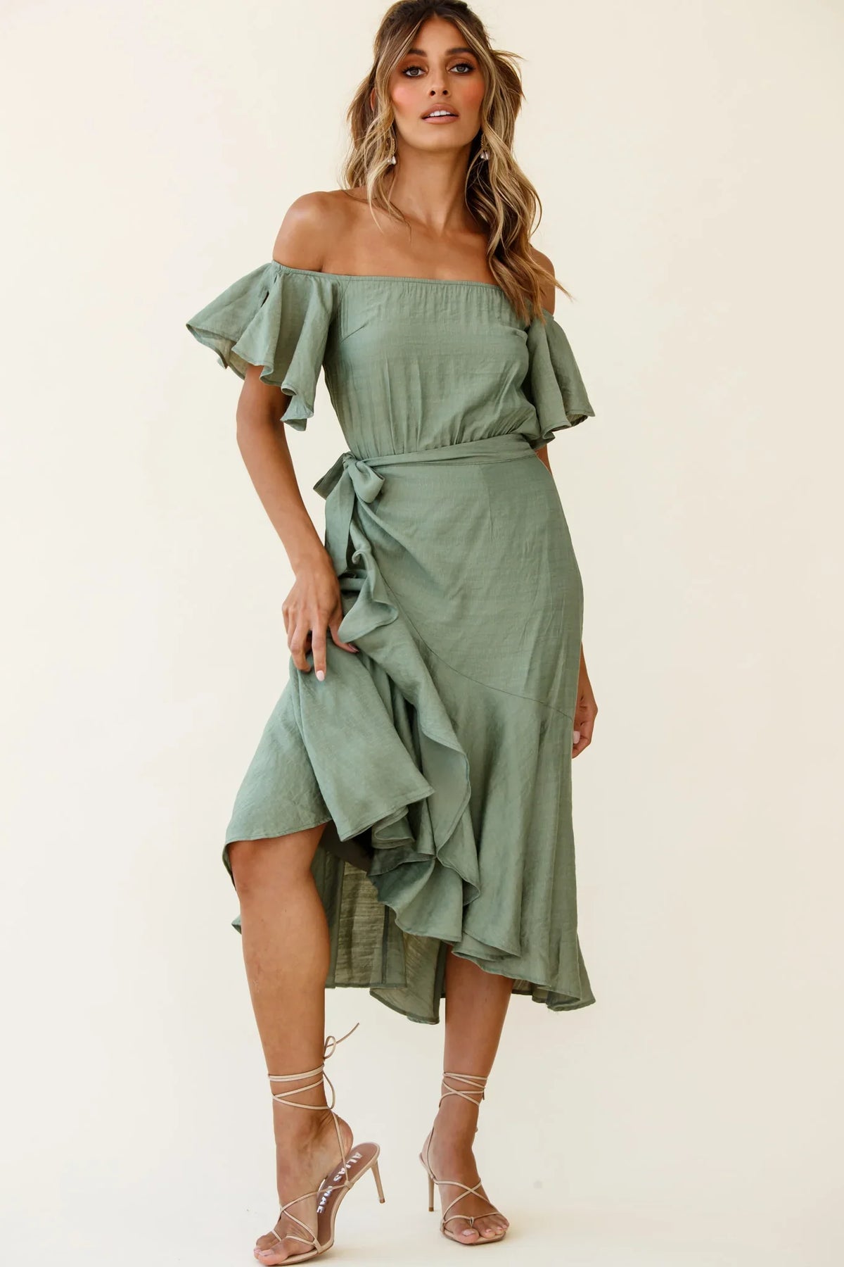 Bettina Bardot Neckline Faux-Wrap Midi Dress Olive