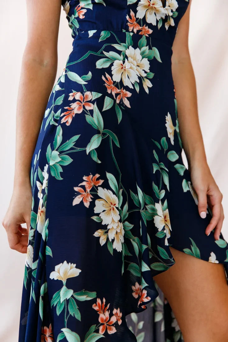 Imelda V-Neckline High-Low Hem Dress Navy