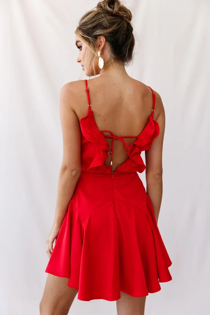 Valley Ruffle Tie-Up Back Dress Red