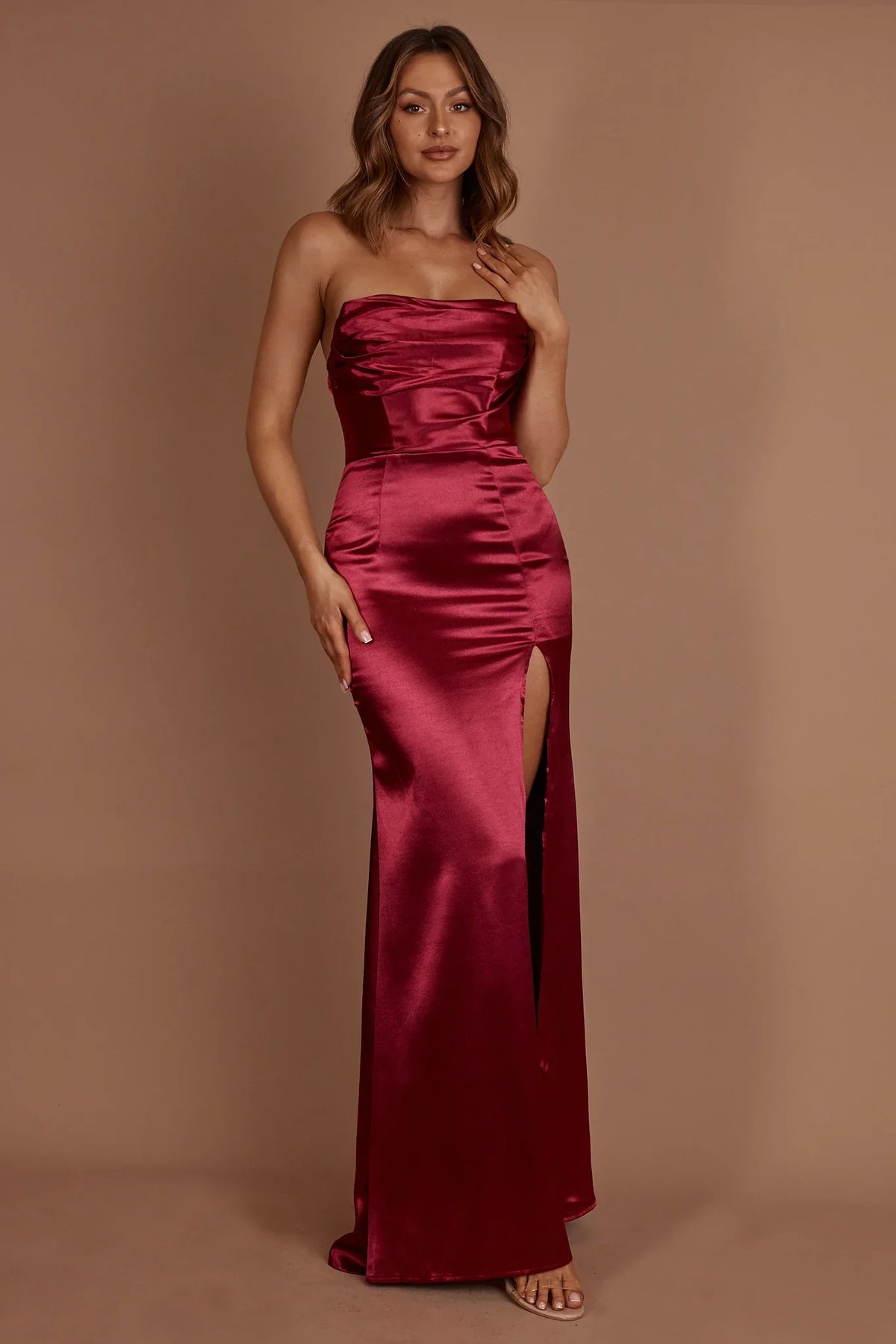 Kalisa Strapless Thigh Split Maxi Dress Burgundy