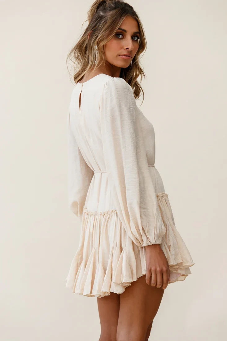Rosabel Balloon Sleeve Fluted Hem Dress Beige