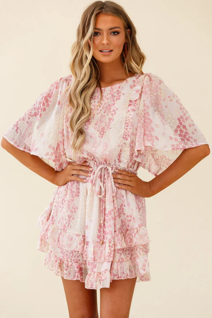 Stars Aligned Angel Sleeve Drawstring Waist Dress Star Print Pink