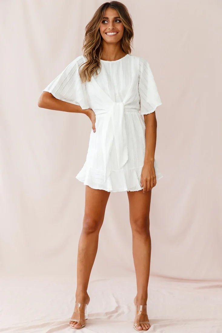 Knowing Tie-Front Frill Hem Dress White