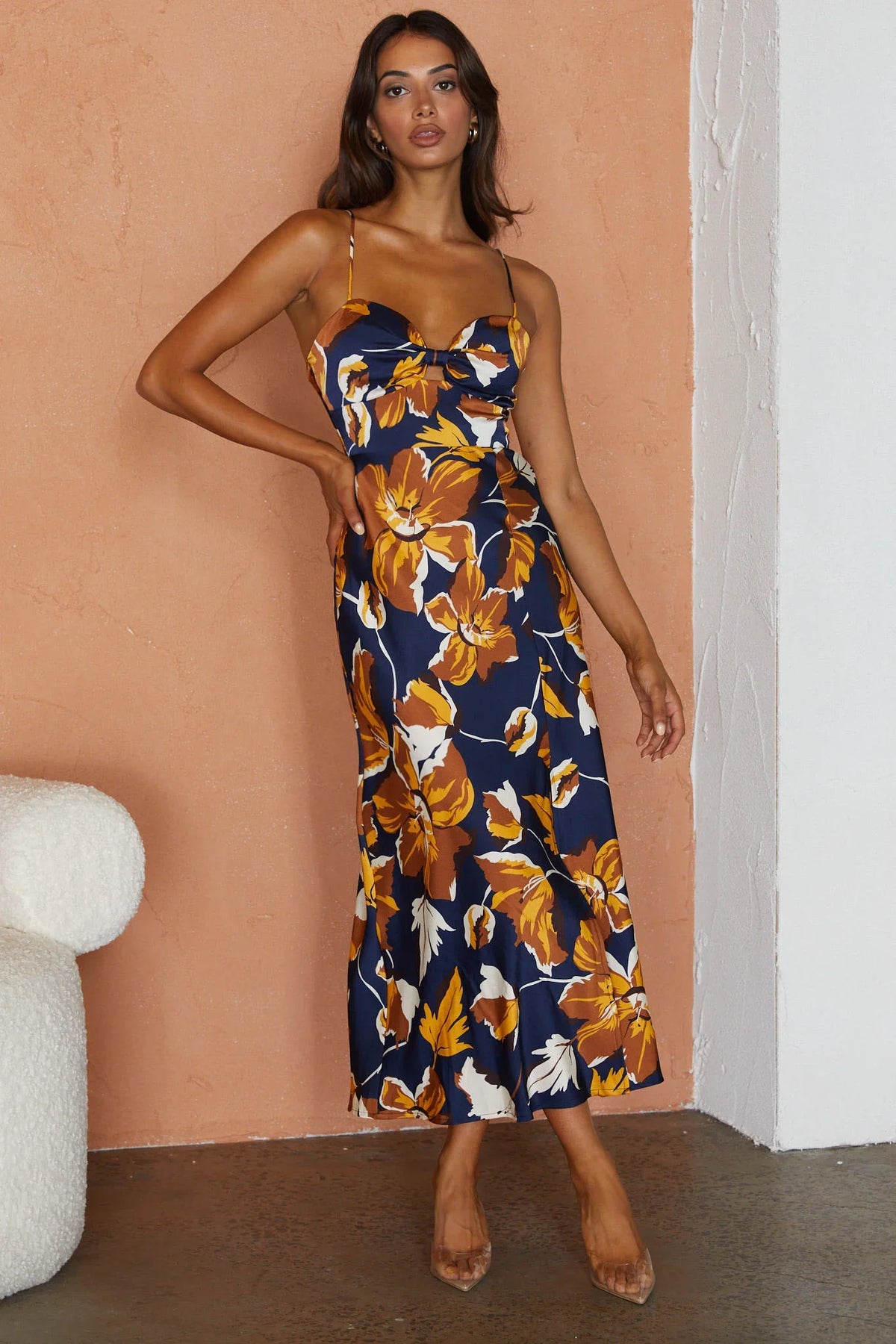 Missoula Cami Strap Padded Bust Midi Dress Floral Print Navy