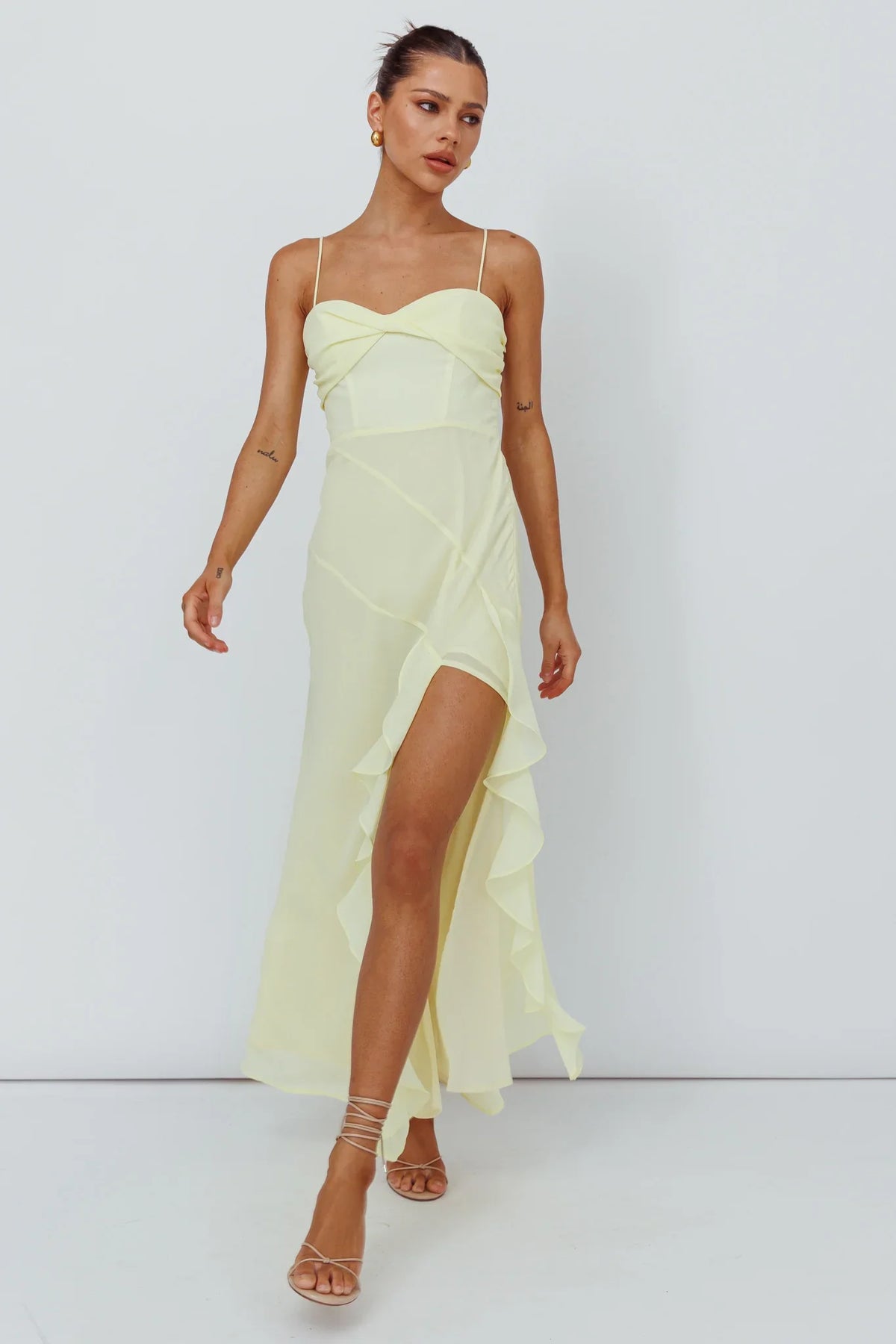 Jayna Ruffle Trim Split Dress Yellow