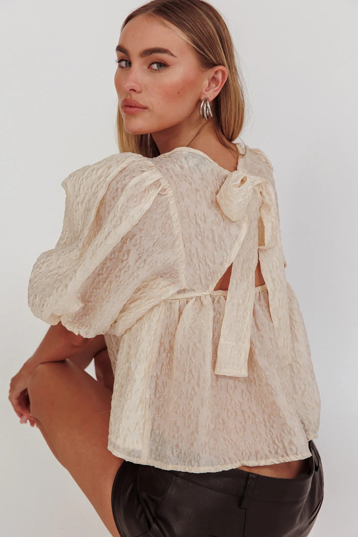 Beside You Puff Sleeves Tied Back Top Cream