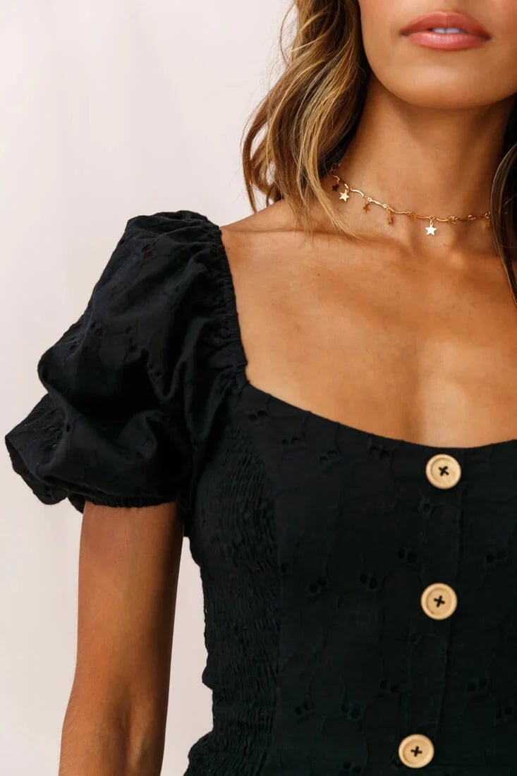 Darling Puff Sleeve Shirred Dress Black