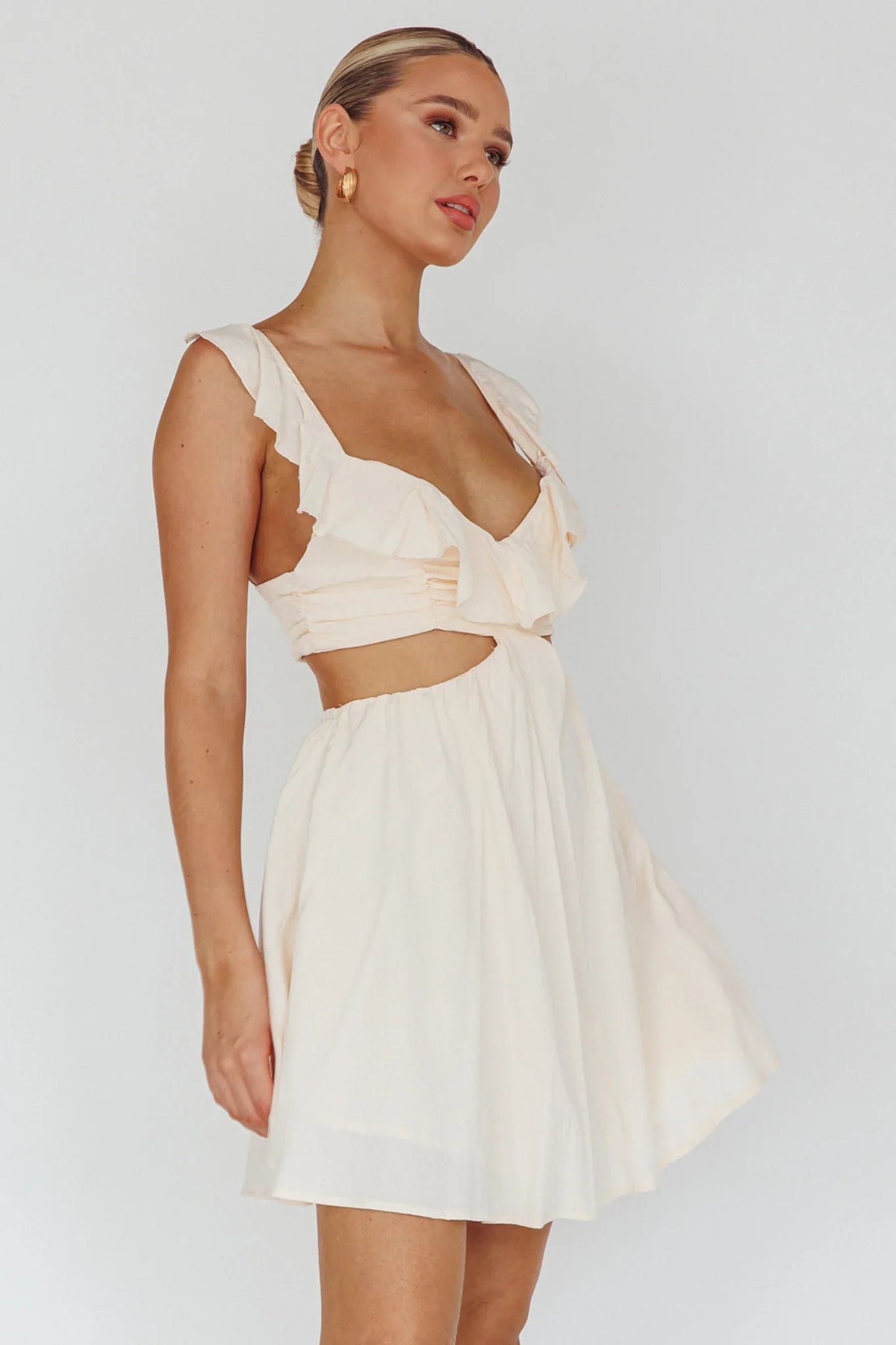 Revel Ruffle Trim Cut-Out Waist Dress Ivory
