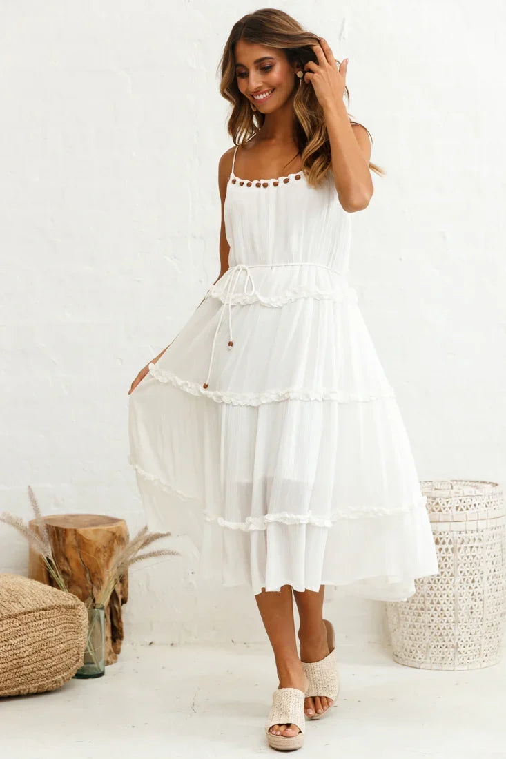 Daybreak Frill Trim Wooden Bead Midi Dress White