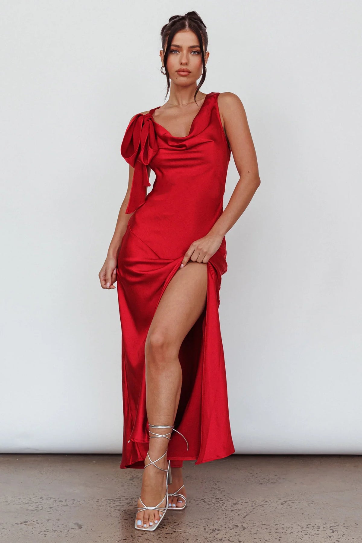 Averie Bow Shoulder Split Midi Dress Red
