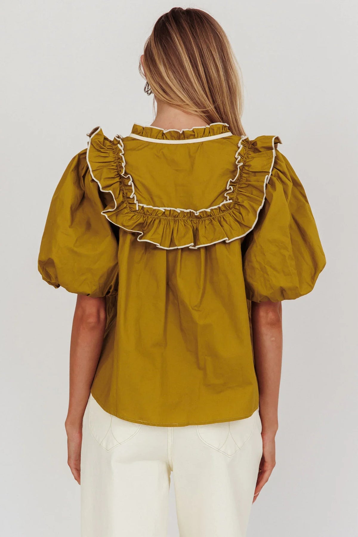 Remarkable Puff Sleeve Tied Neck Top Olive