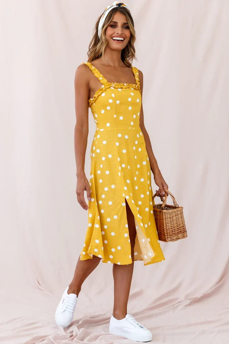 Magdalene Frill Strap A-Line Midi Dress Yellow Mustard