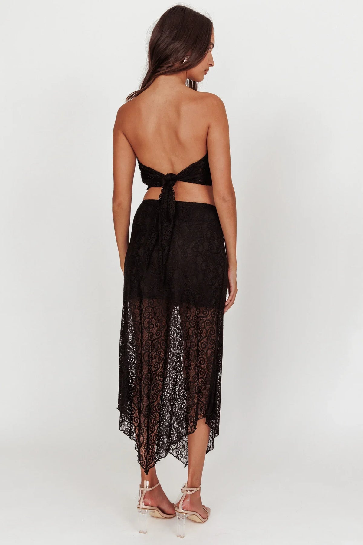 Sweet Words V-Hem Lace Midi Skirt Black