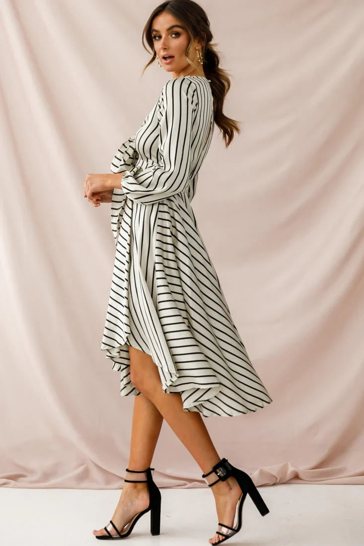 Essex Striped Bust Tie Midi Dress Beige