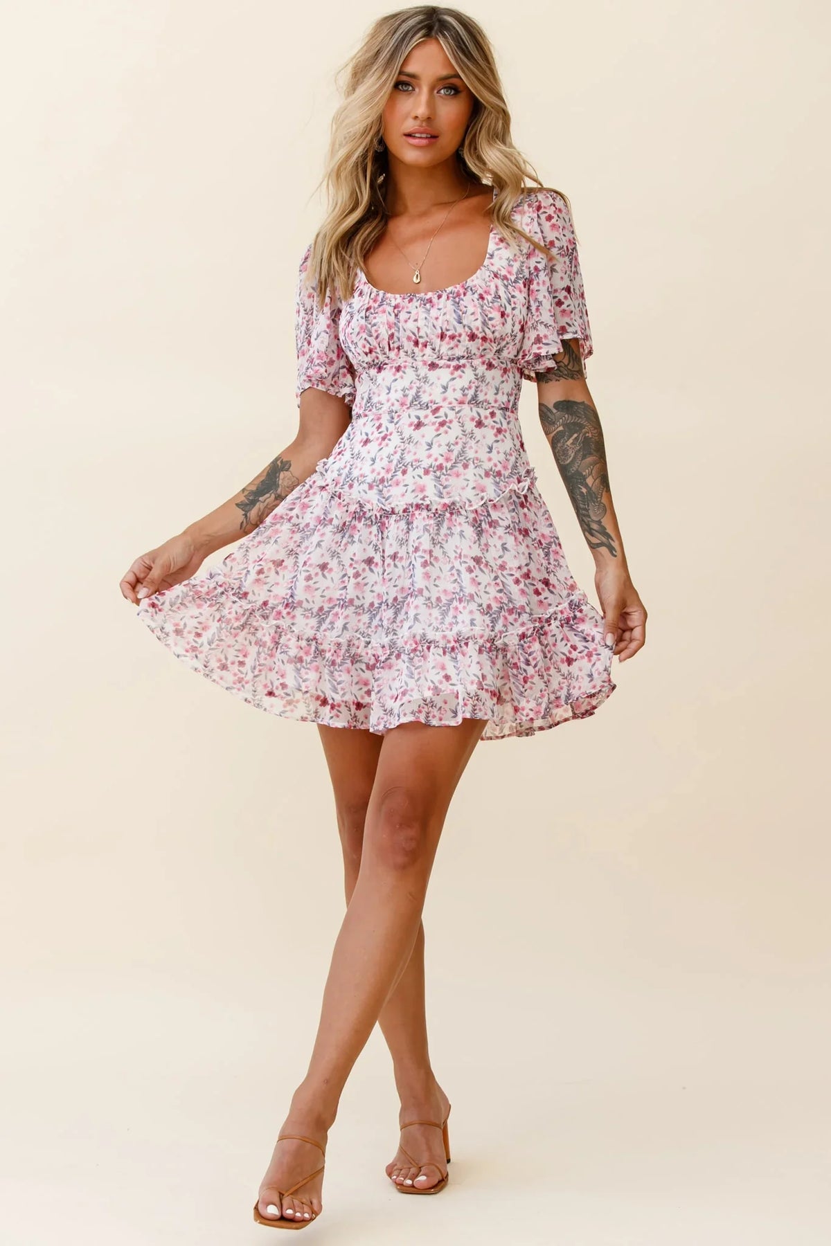 Stolen Moments Angel Sleeve Ruffle Dress Floral Print Pink Multi