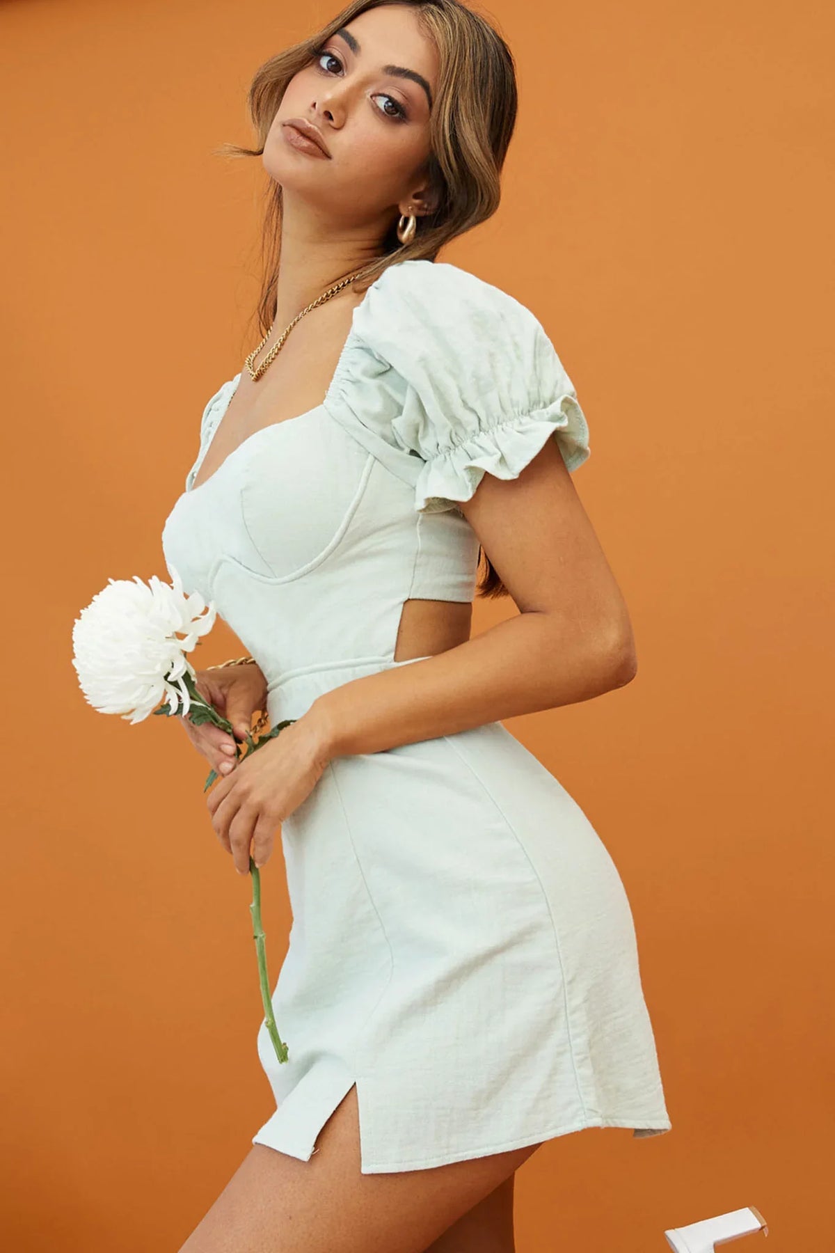Norma Jean Puff Sleeve Piping Trim Mini Dress Sage