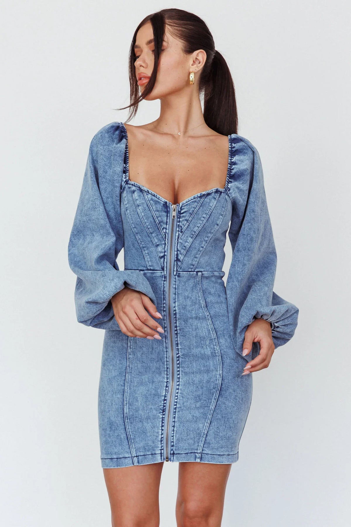 Tasmyn Balloon Sleeve Zipper Mini Dress Denim