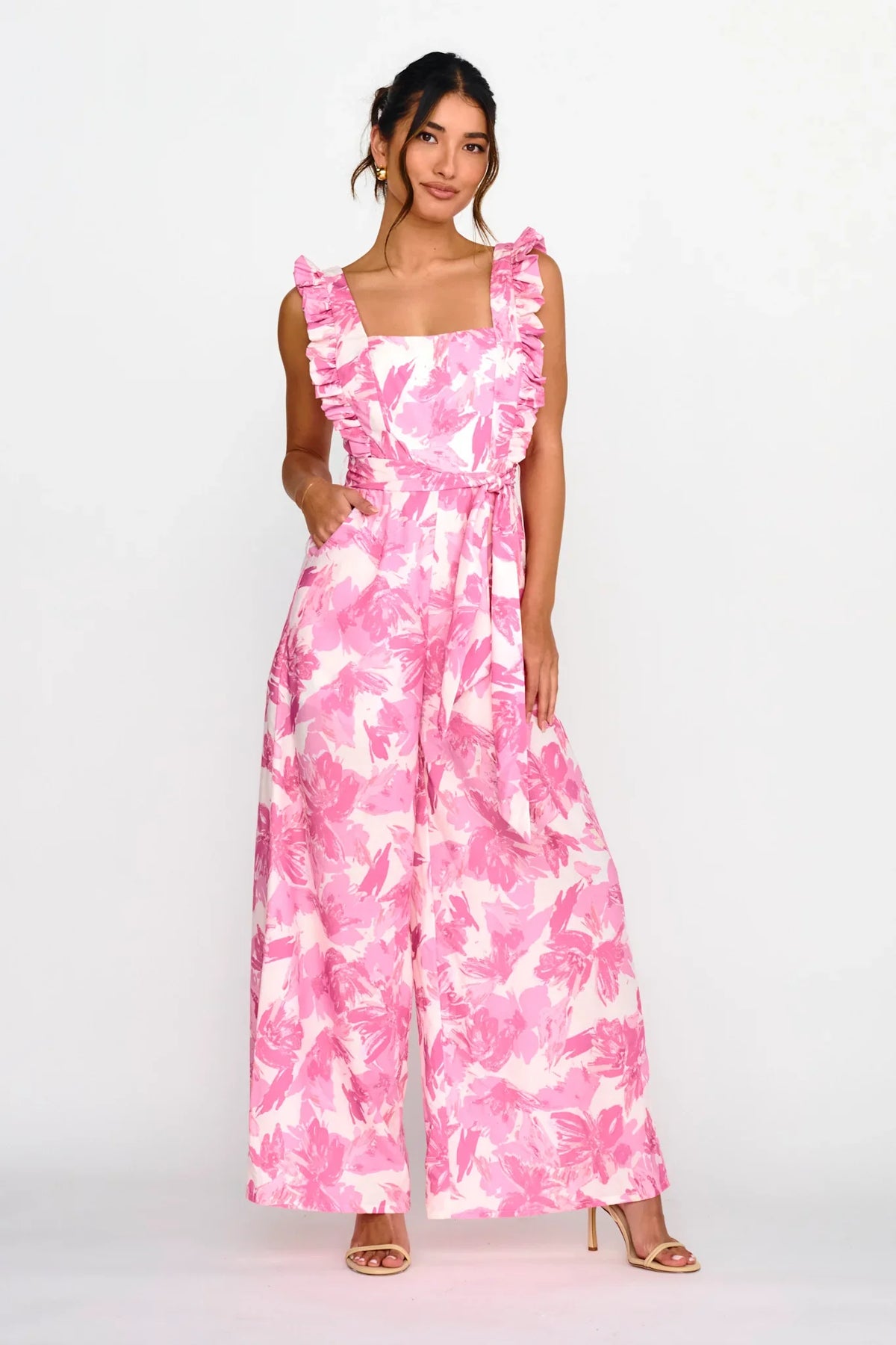 All For Love Square Neckline Ruffle Strap Jumpsuit Floral Pink