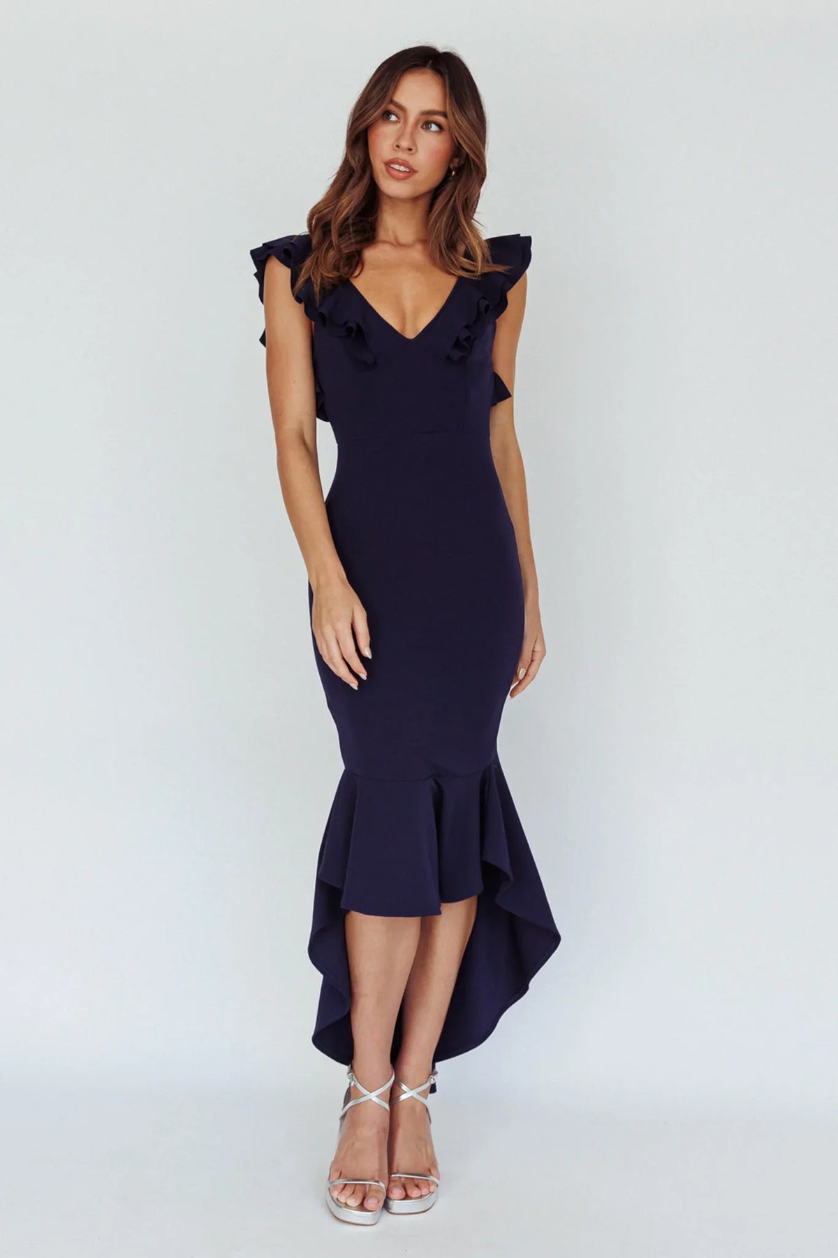 Pearl Ruffle Strap High-Low Hem Dress Navy