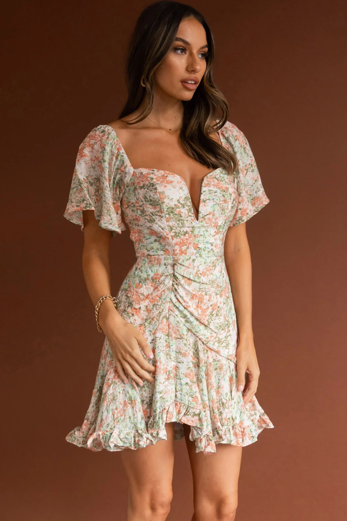 Leona V-Bust Frill Mini Dress Floral Peach