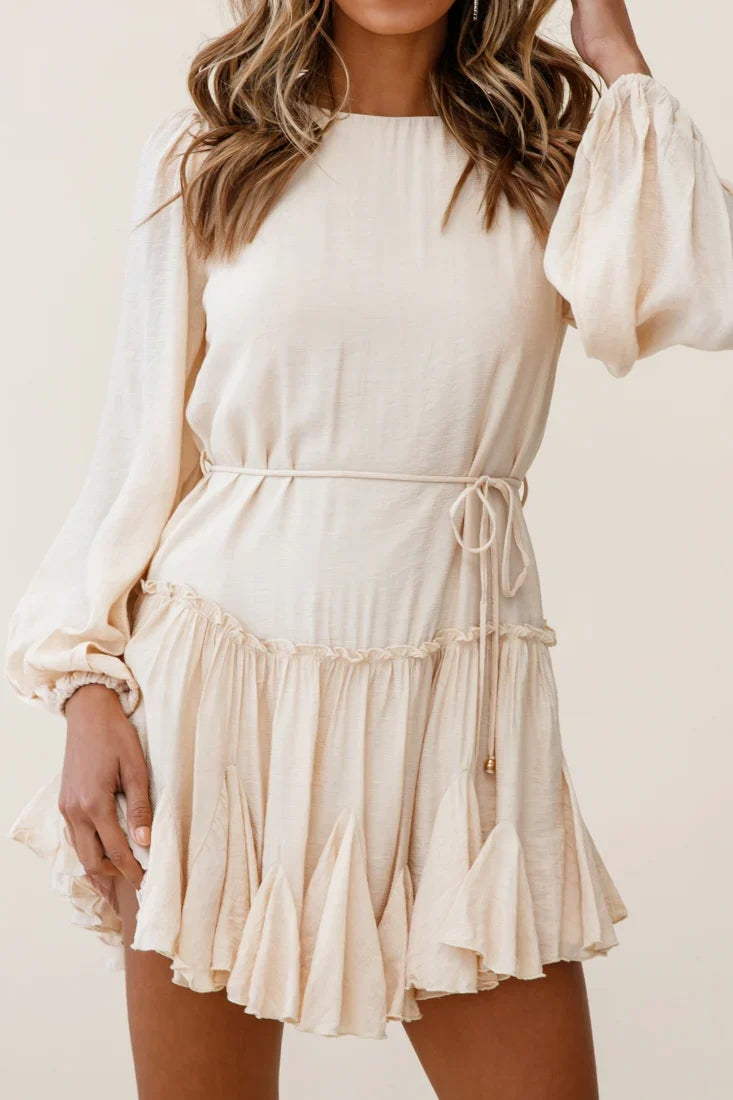 Rosabel Balloon Sleeve Fluted Hem Dress Beige
