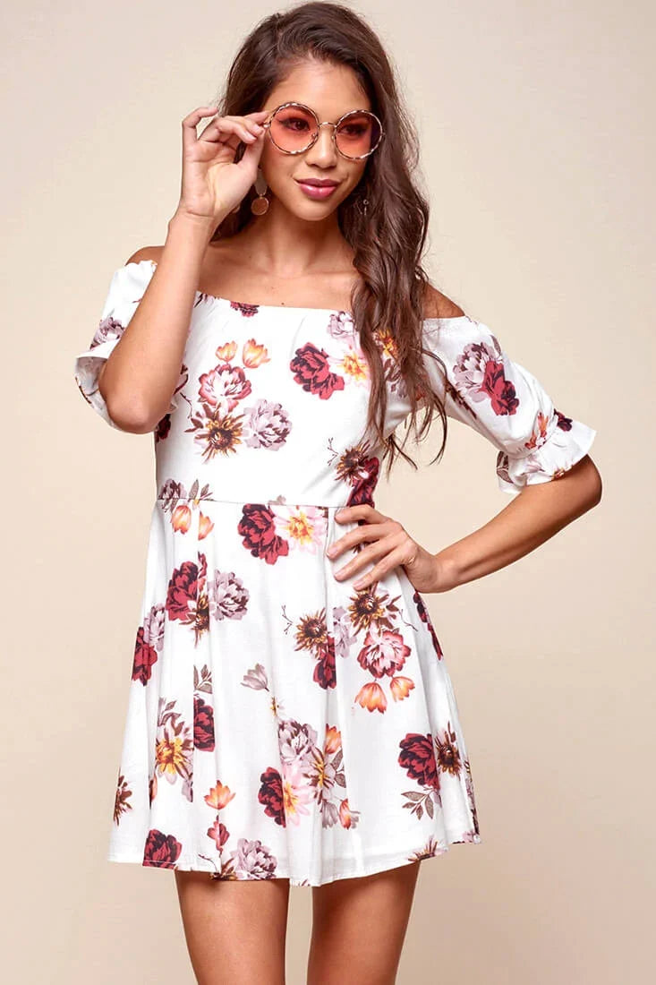 Hera Off the Shoulder Fit and Flare Floral Dress White