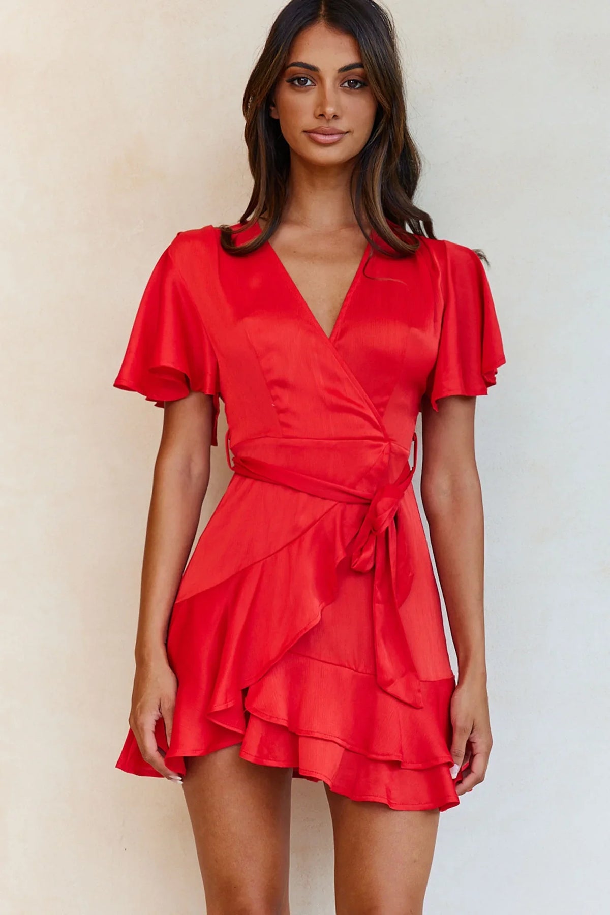 Cami Angel Sleeve Faux Wrap Dress Red