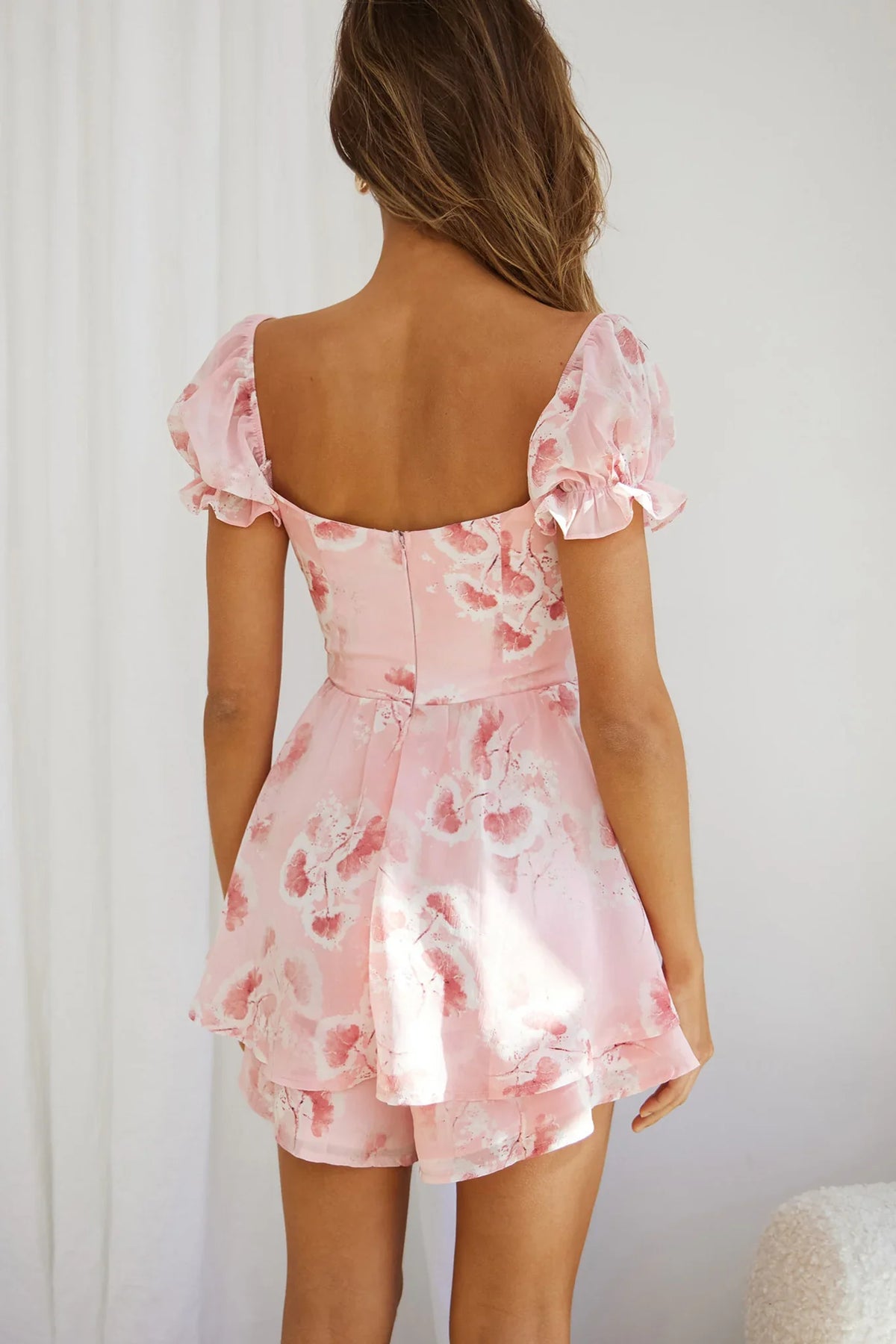 Sweet Romance Puff Sleeve Romper Watercolor Print Pink