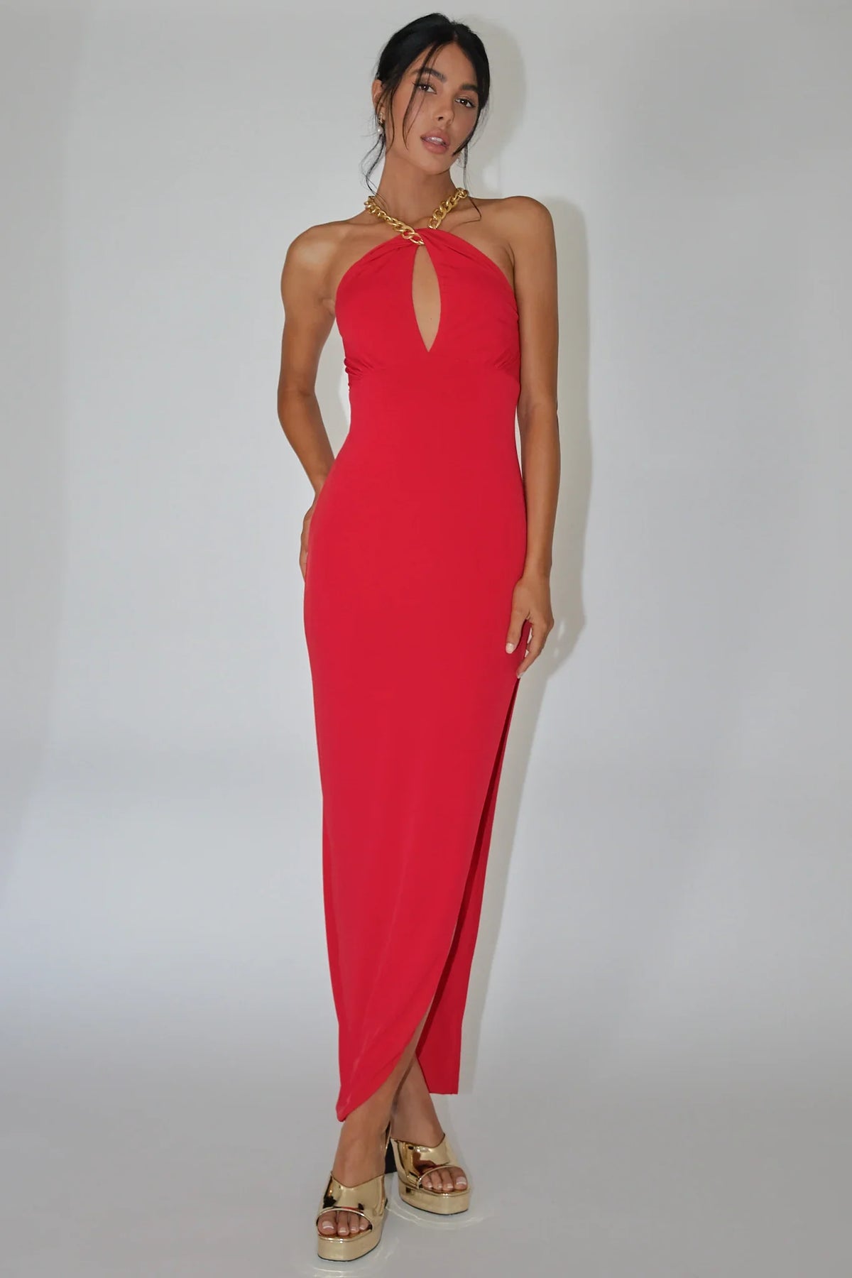 Slow Dance Chain Halter Midi Dress Red