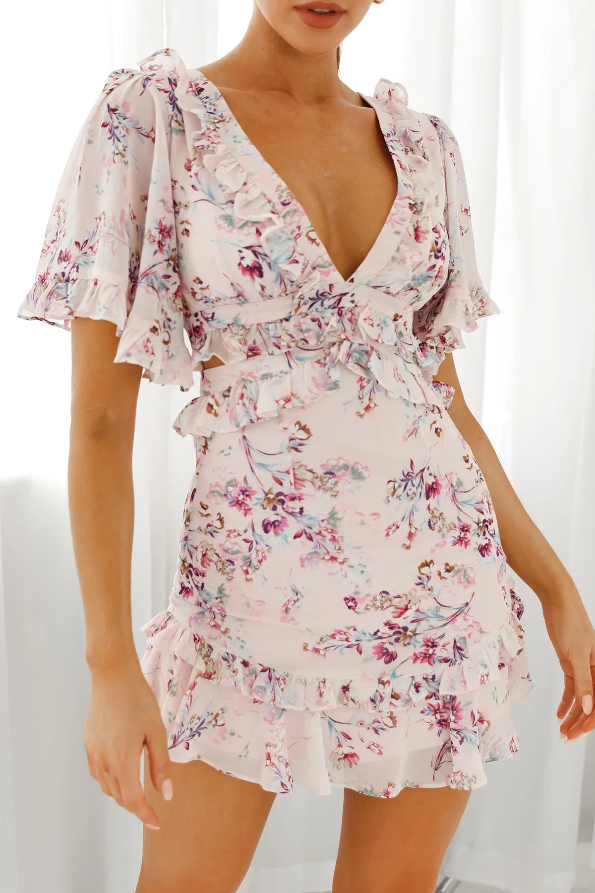 My Belle Cut-Out Detail Frill Accent Dress Floral Print Pink
