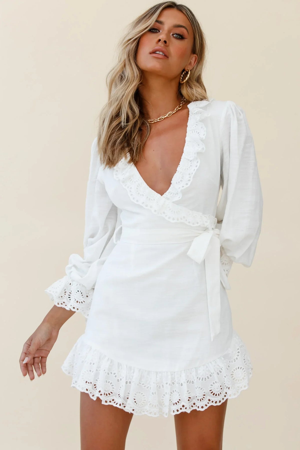 Terroni Lantern Sleeve Frill Hem Dress White