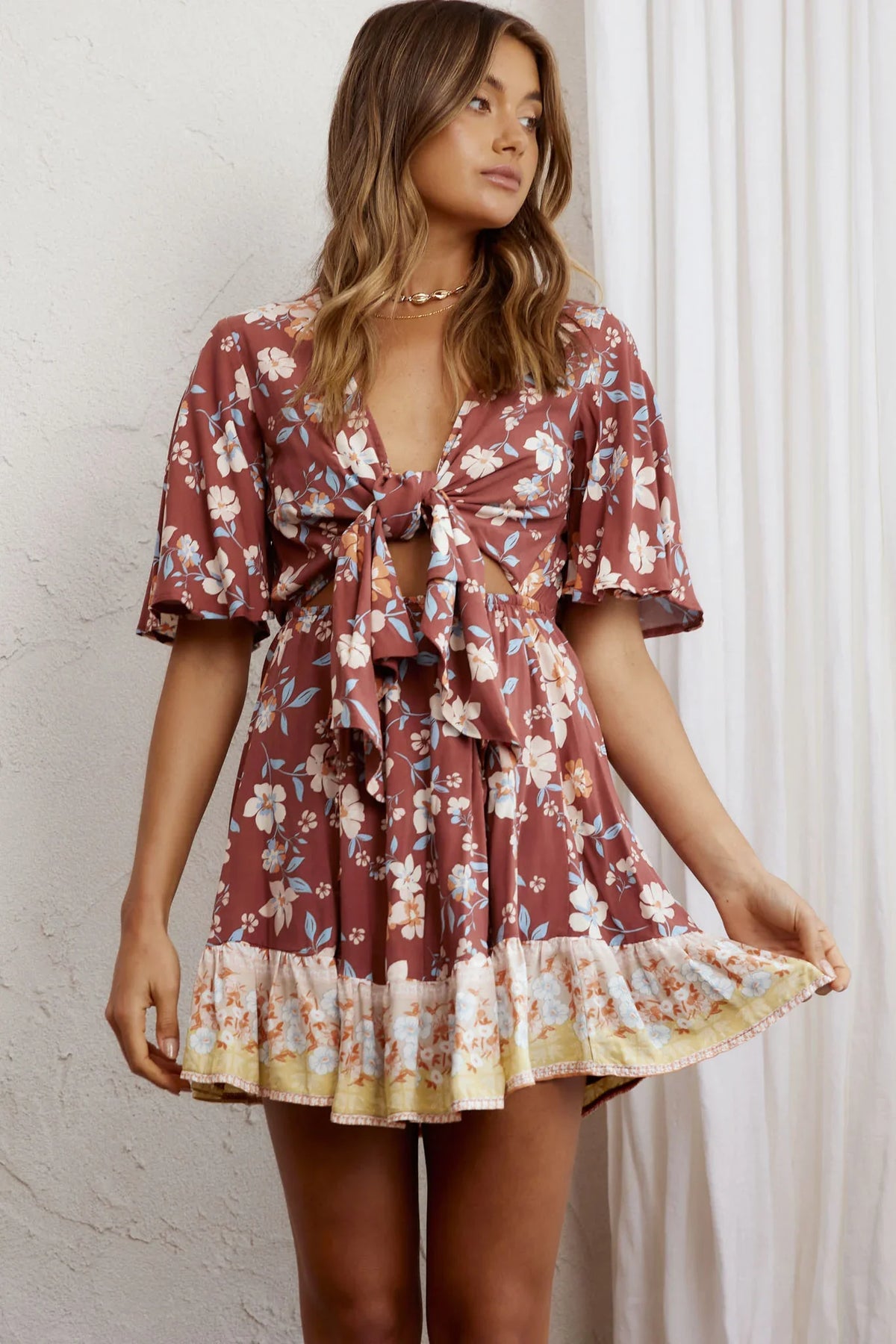 Suva Tie-Knot Bust A-Line Dress Floral Chocolate