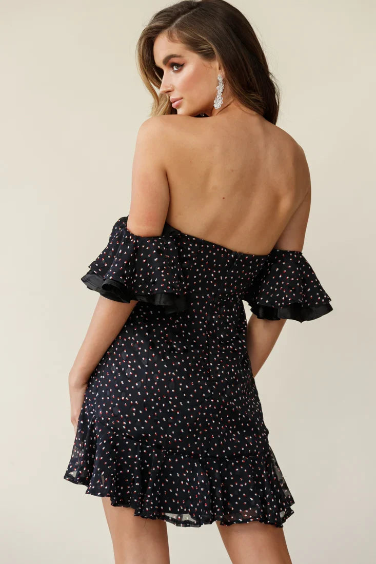 Lure Off-Shoulder Ruched Dress Speckle Print Black