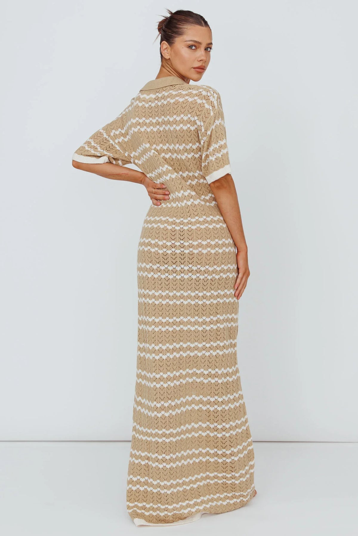 Clearwater Crochet Short Sleeve Maxi Dress Beige/White