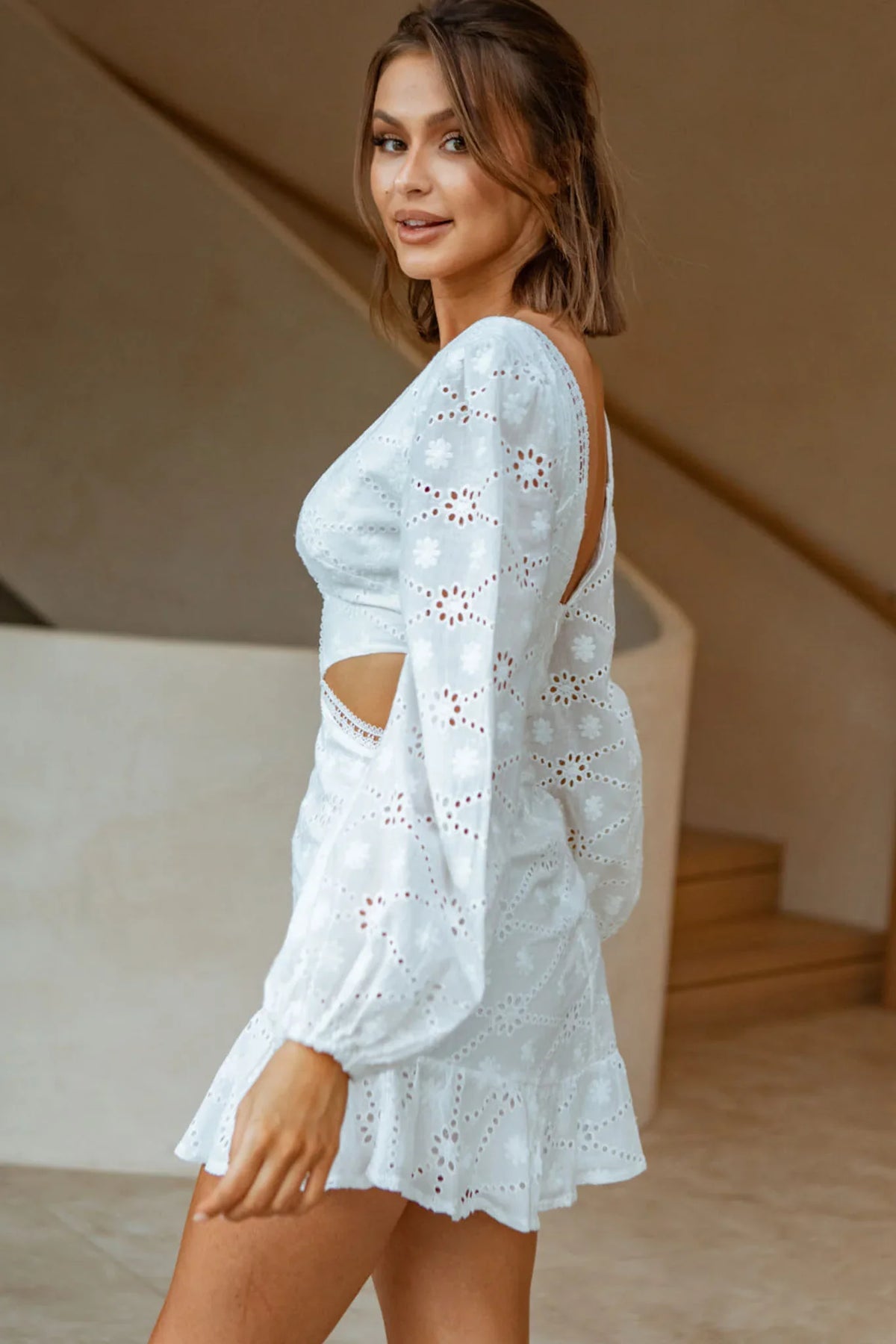 Santorini Sunset Balloon Sleeve Cut-Out Eyelet Dress White