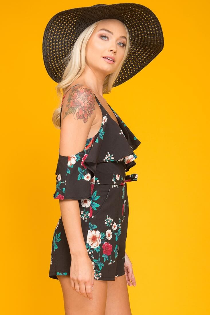 Sadie Floral Ruffled Collar Romper Black Print