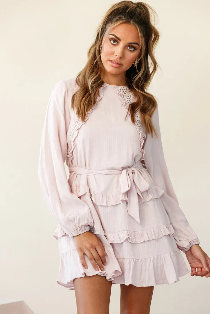 Dusk Long Sleeve Waist Tie Frill Dress Blush