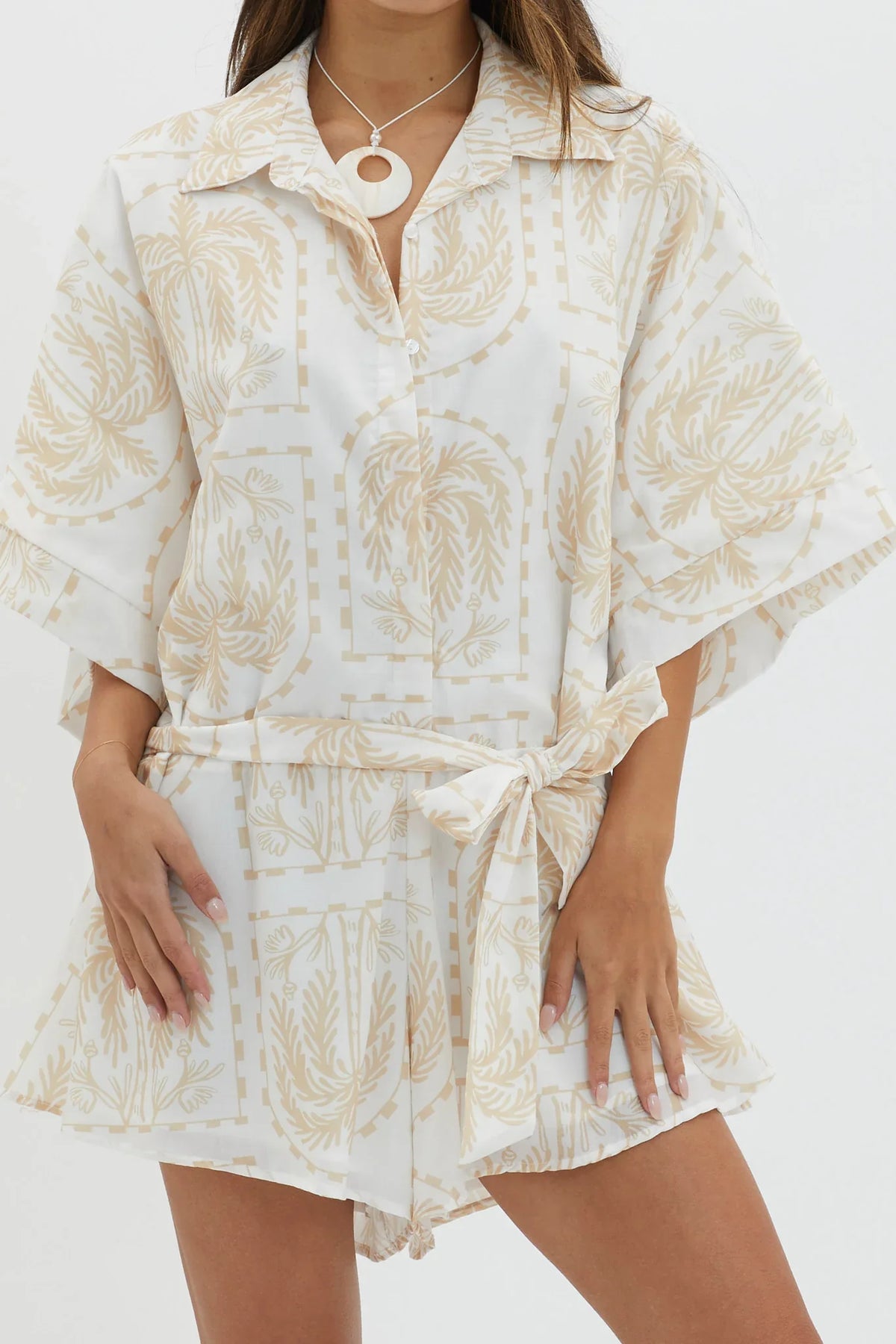 Daytona Beach Button-Up Romper Print Beige