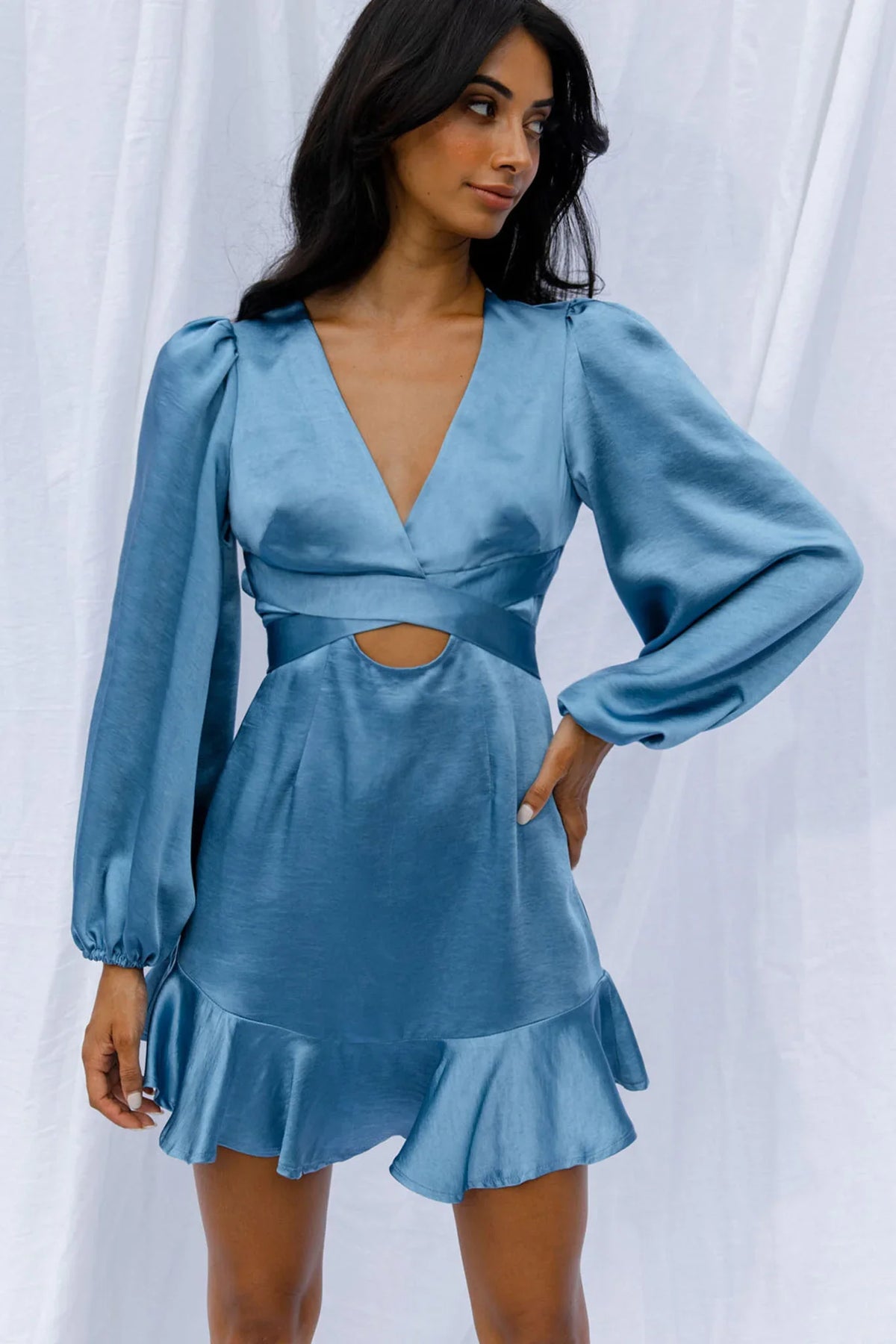 Playa Vista Long Sleeve Frill Hem Dress Blue