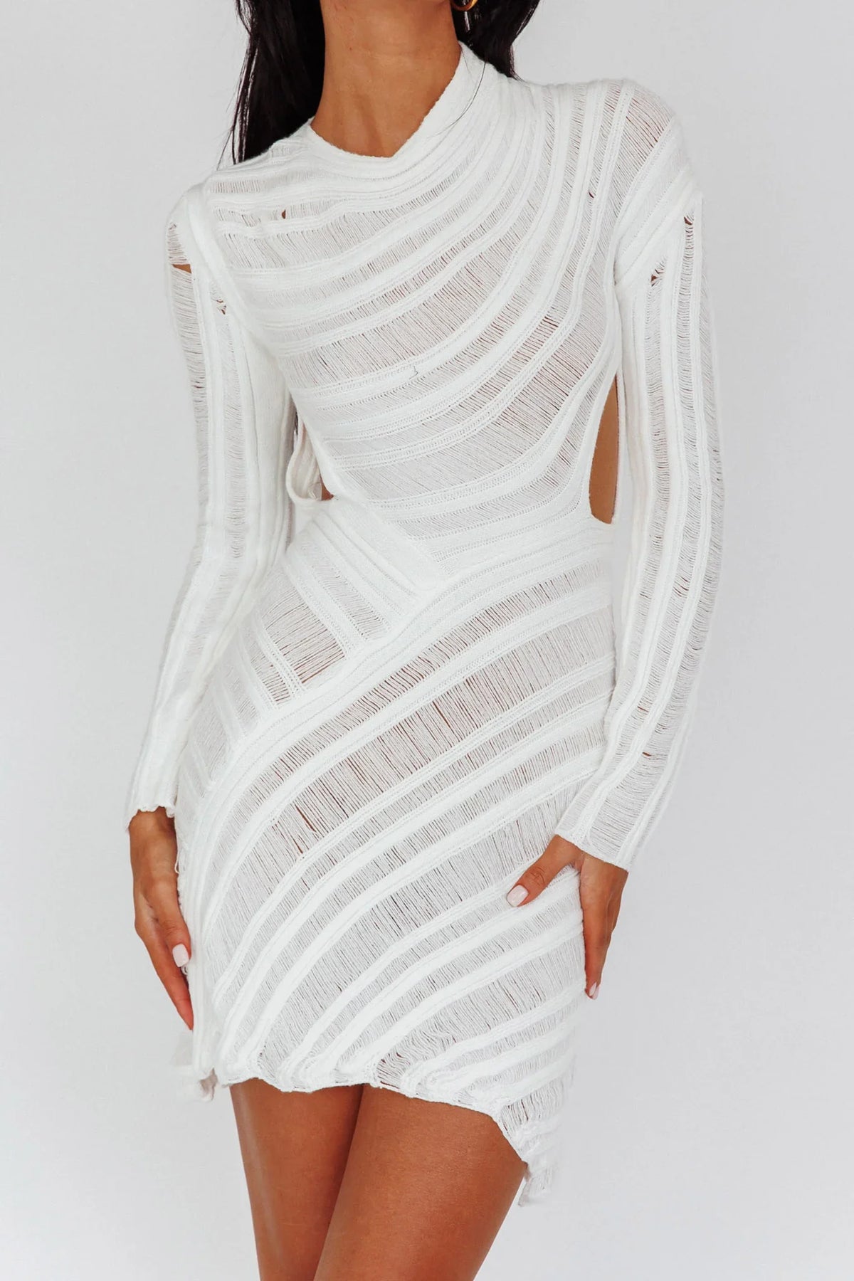 Leyanne Crochet Long Sleeve Cut-Out Mini Dress Ivory