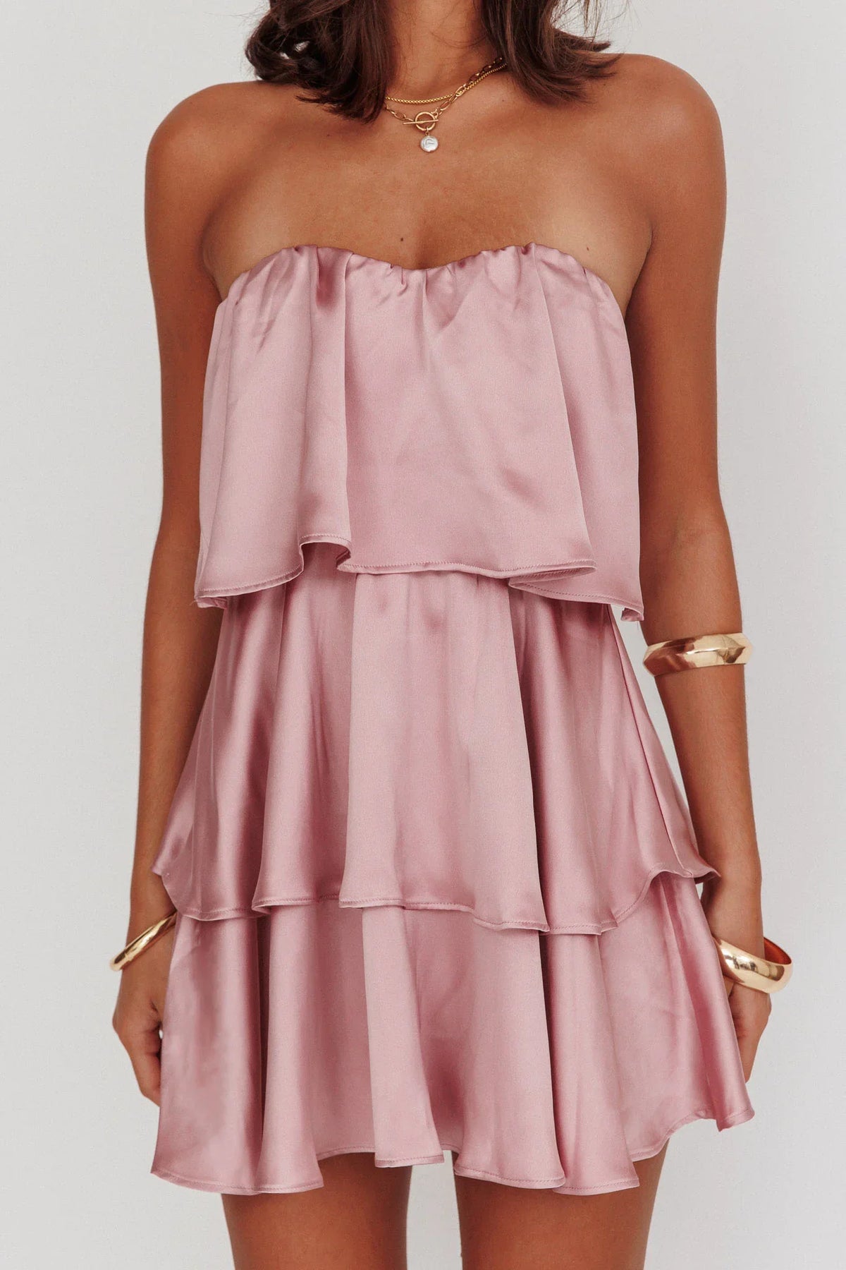 Behati Tiered Layer Strapless Dress Dusty Rose