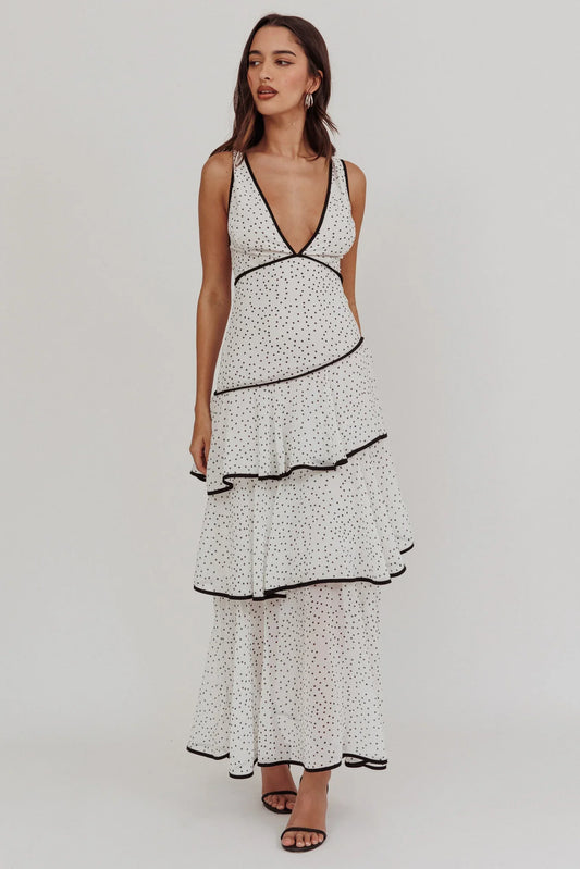Veda Strappy Back Ruffle Maxi Dress Polka Dot White