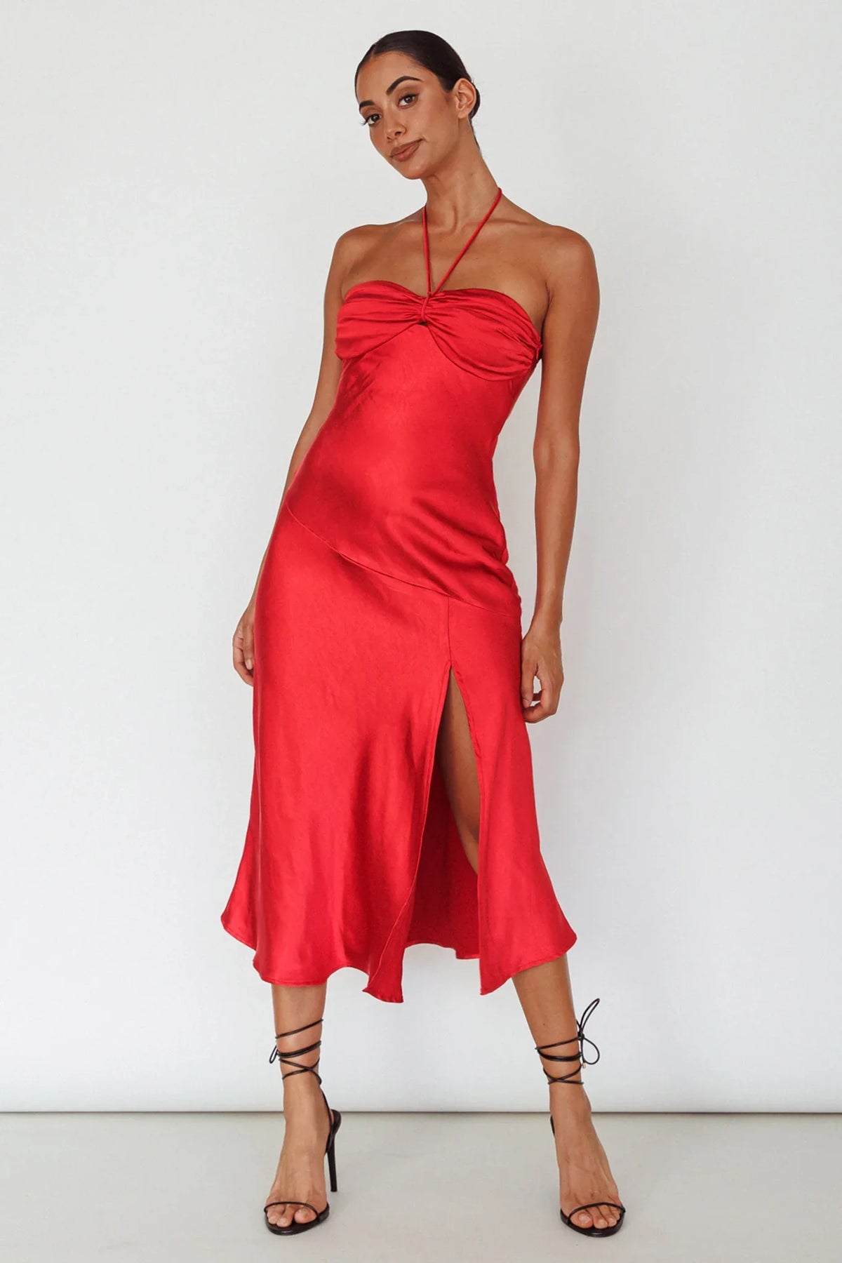 Kindred Spirit Strapless Gathered Bust Midi Dress Red