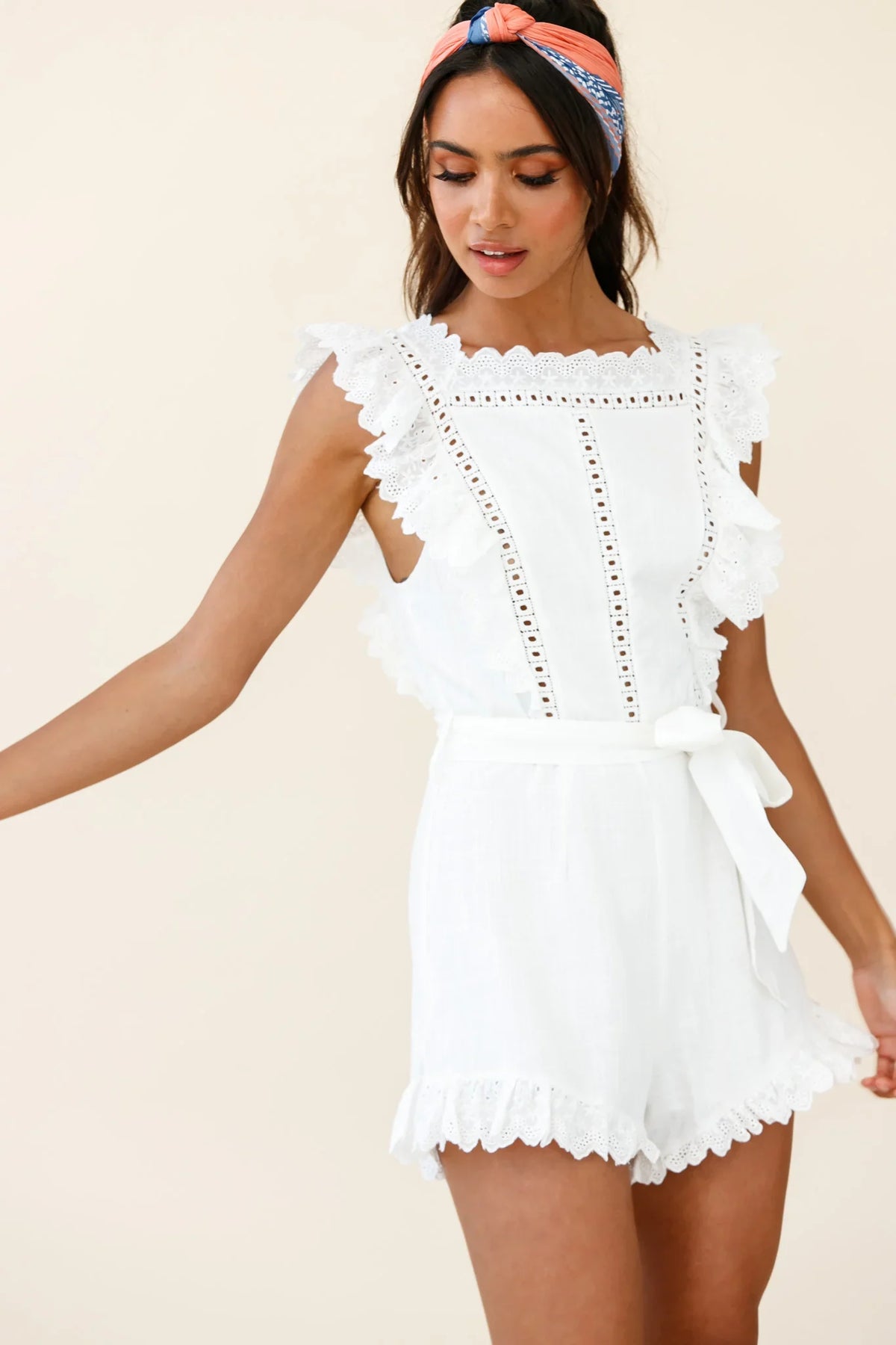 Meadow Ruffle Trim Waist Tie Romper White